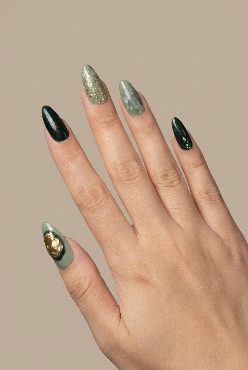 Faux ongles press-on vert kaki – Golden Moss Moonails Creations